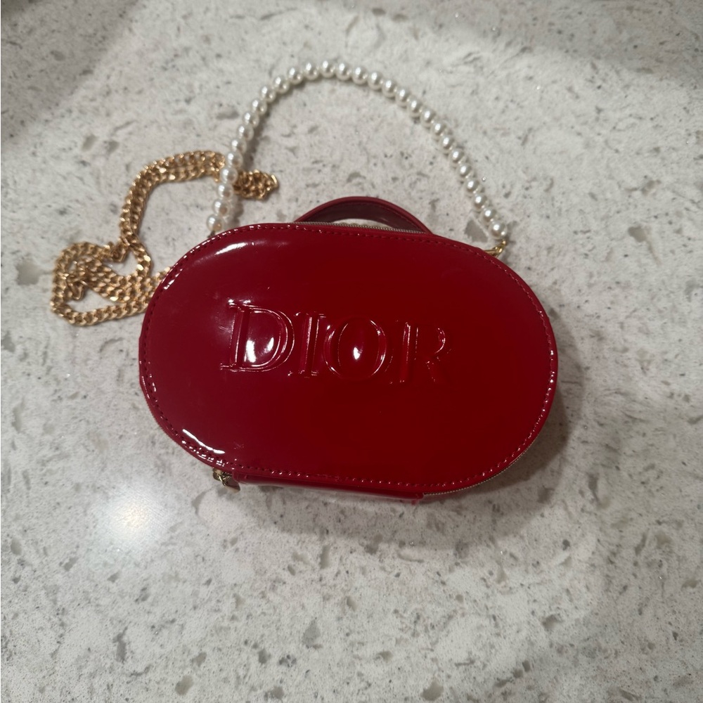Dior Red Patent Leather Clutch with Pearl and Gold Chain - Picture 2 of 5